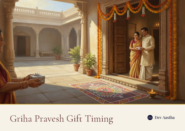 A guest offering a silver-wrapped griha pravesh gift at the decorated doorway of a new Indian home, with a marigold toran and a rangoli at the threshold