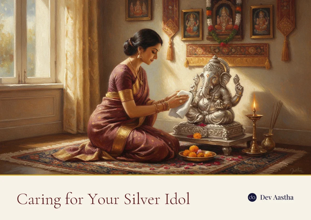 A woman gently polishing a silver-plated Ganesha idol with a soft cloth in a warm home pooja corner