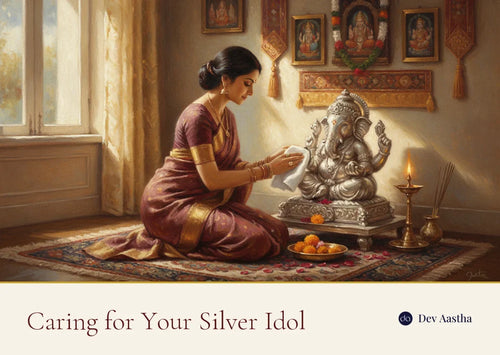 A woman gently polishing a silver-plated Ganesha idol with a soft cloth in a warm home pooja corner
