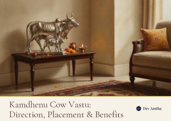 Silver-plated Kamdhenu cow with calf idol on a wooden console in the north-east corner of an Indian living room, with a lit diya and marigold petals