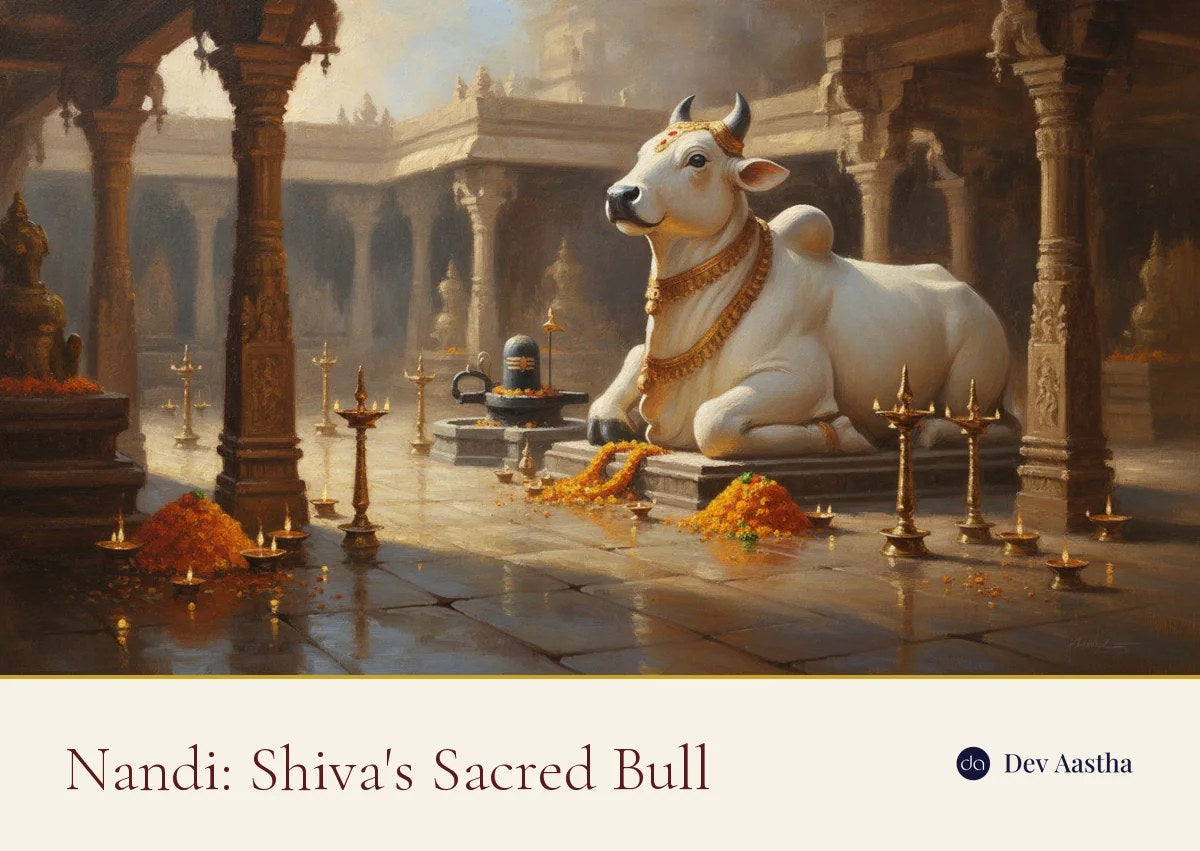 Nandi, the sacred bull of Lord Shiva, seated before the lingam at dawn