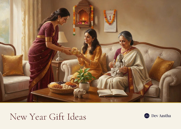 Indian family exchanging new year gifts with a silver-plated Lakshmi idol and a lit home mandir