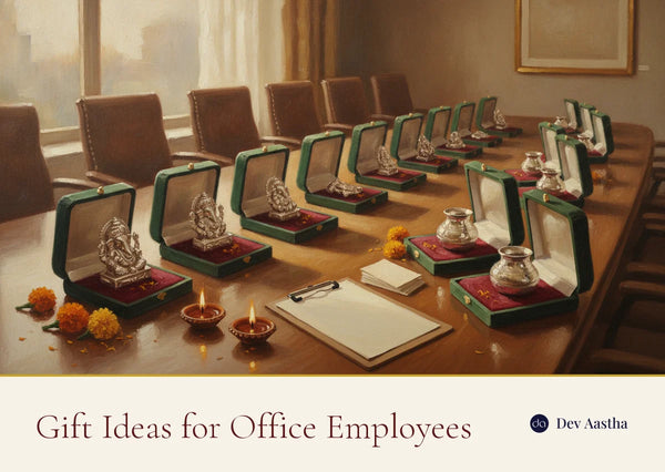 Row of silver-plated idols in green velvet gift boxes on an office boardroom table with diyas and marigolds