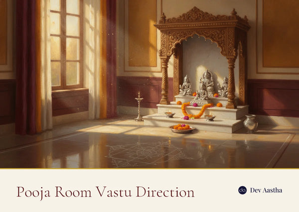 Pooja room in the north-east corner of an Indian home at sunrise, with silver-plated idols on a raised platform in a carved wooden mandir, lit diyas and marigold flowers