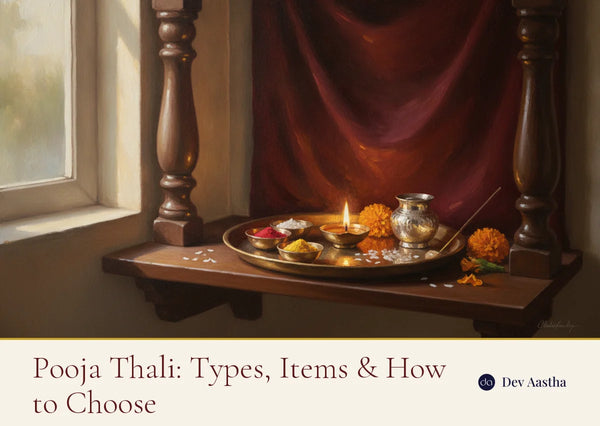 Brass pooja thali on a wooden mandir shelf holding a lit ghee diya, katoris of kumkum, haldi and rice, a silver kalash and marigold flowers in warm morning light
