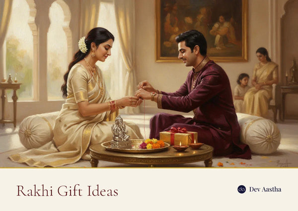 Rakhi gift ideas, a sister tying a rakhi on her brother with a silver idol and gift on the puja thali