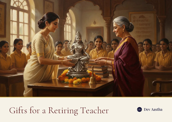 A retiring teacher receiving a silver-plated Saraswati idol as a farewell gift from a colleague, with students watching and marigolds on the desk