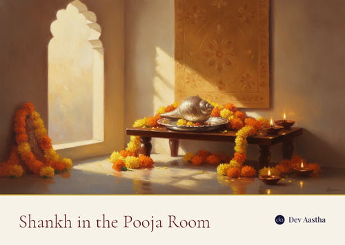How to keep a shankh in the pooja room - silver shankh on a raised plate in a home mandir