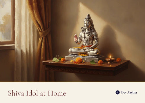 Silver-plated Lord Shiva idol in meditative pose on a wooden mandir shelf in a home's northeast corner with a diya and marigolds