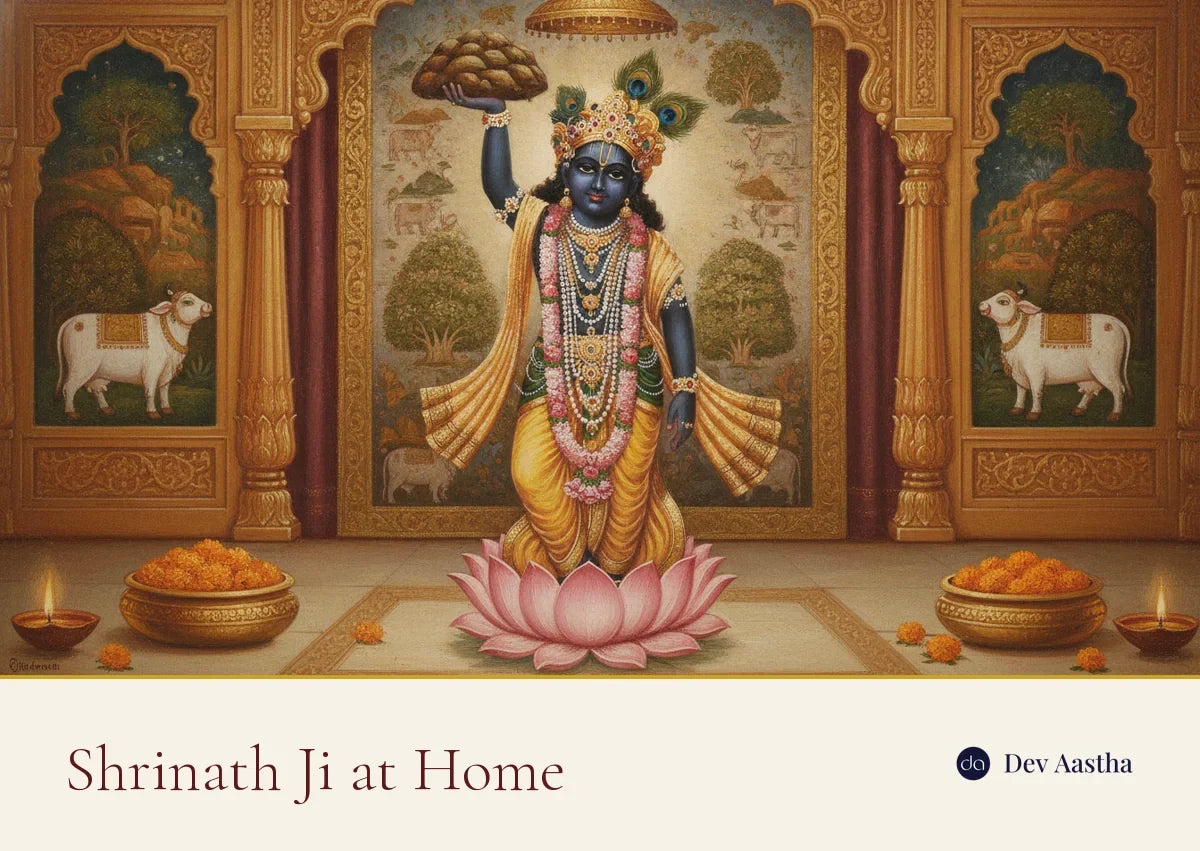 Silver-plated Shrinath Ji idol for home, Krishna lifting Govardhan on a lotus