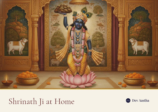 Silver-plated Shrinath Ji idol for home, Krishna lifting Govardhan on a lotus