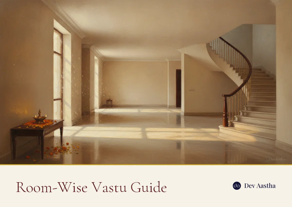 Hall of an Indian home with a light stone staircase and a lit diya in the clear corner opposite