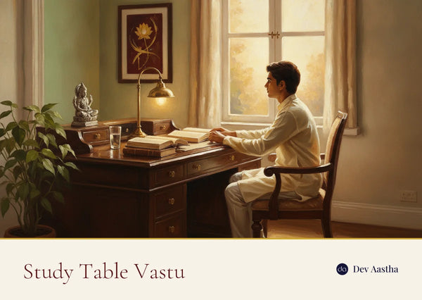 Student seated at a wooden study table facing an east-facing window at sunrise, with a silver-plated Saraswati idol and a table lamp on the desk