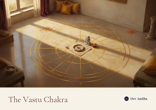 Overhead view of a vastu chakra direction wheel drawn in gold across the floor of an Indian home, with a brass compass and a house floor plan at its centre beside a silver-plated idol and a lit diya