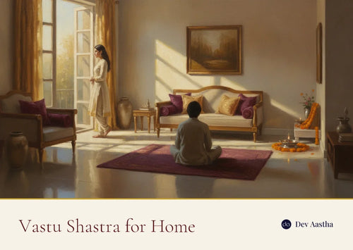 A serene, well-ordered Indian living room in warm morning light illustrating vastu shastra for home