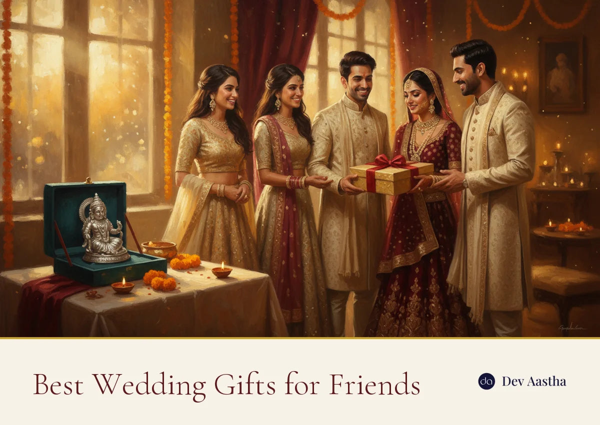 Friends presenting a wrapped wedding gift to a newly married Indian couple, with a silver-plated Radha Krishna idol in a velvet gift box on the gift table