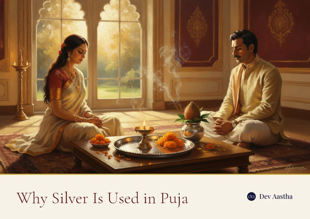 Silver puja thali with a lit diya, kalash and marigolds in a warm home pooja room