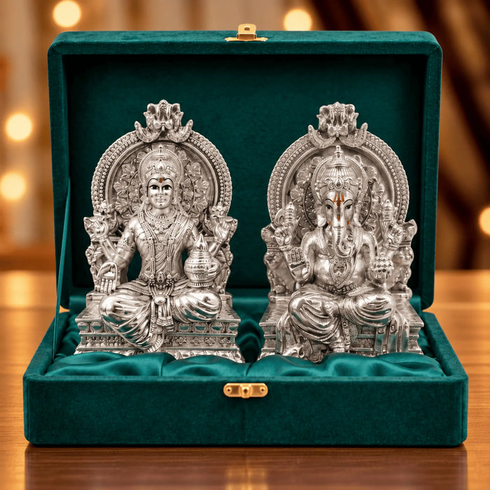 Silver-Plated Lakshmi Ganesha Idol Set | Auspicious Ganesh Laxmi Murti