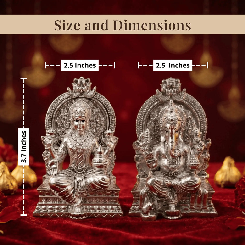 Lakshmi Ganesh idol set size chart: 3.7 inches tall, each idol 2.5 inches wide