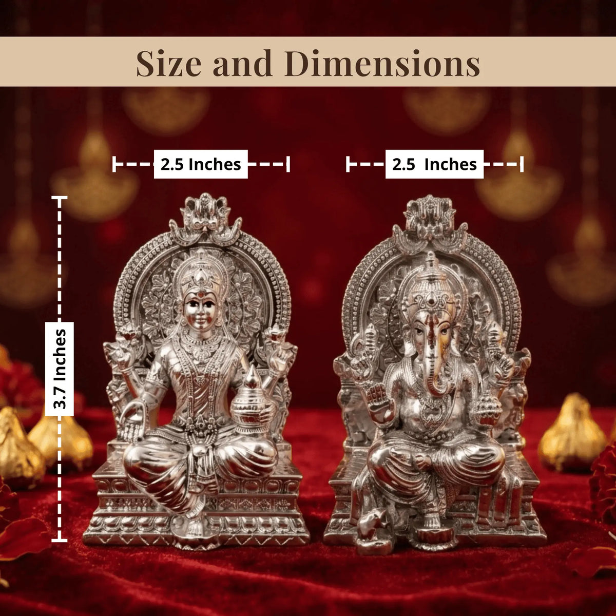 Lakshmi Ganesh idol set size chart: 3.7 inches tall, each idol 2.5 inches wide
