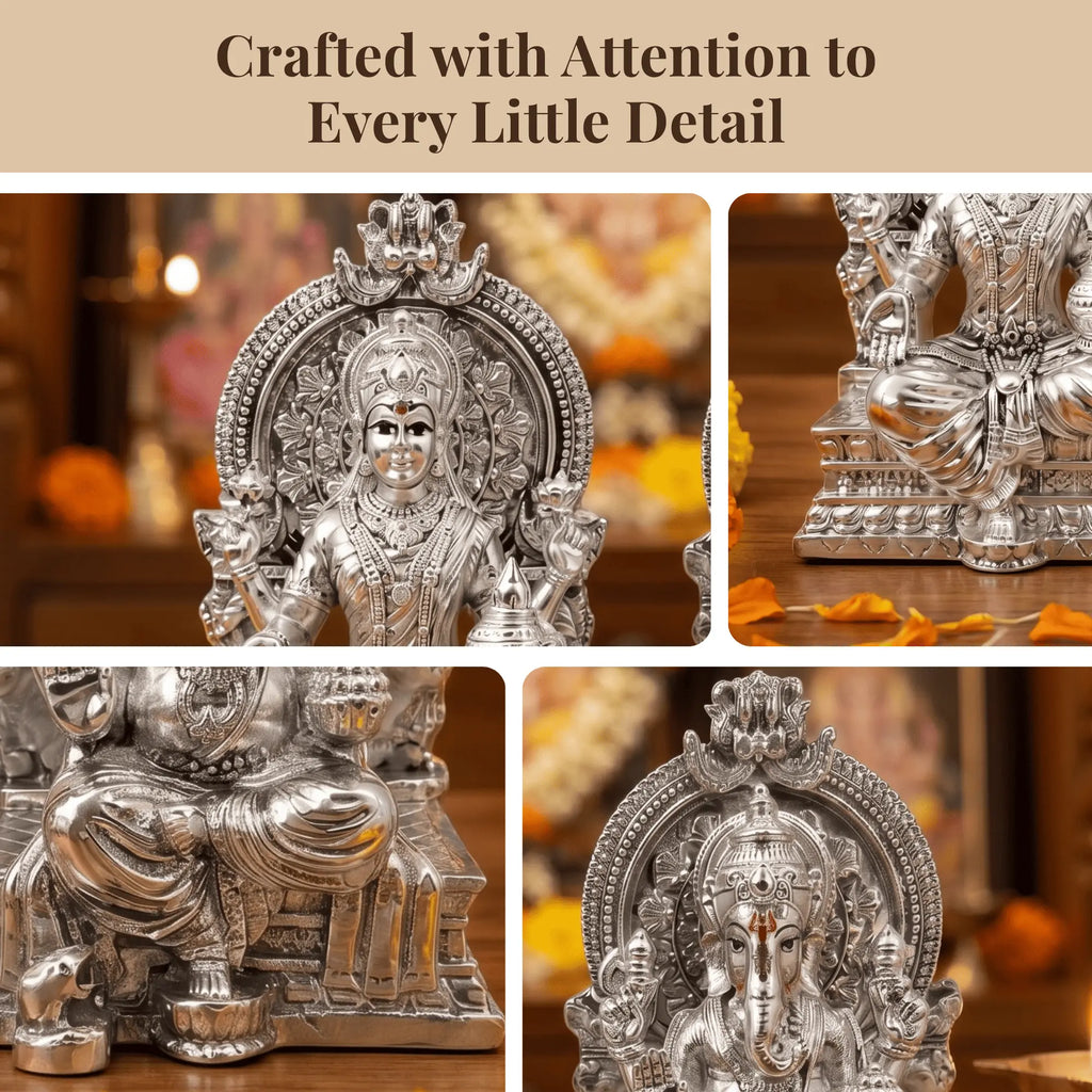 Close-up details of the silver-plated Lakshmi Ganesh idol set: crown, face and base