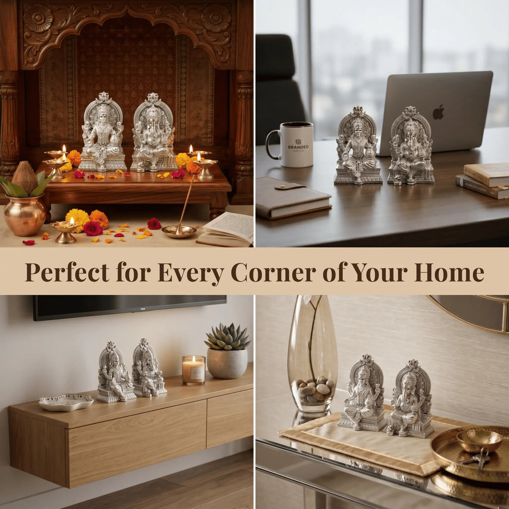 Lakshmi Ganesh silver-plated idol set in a home mandir, on an office desk and on a living room shelf