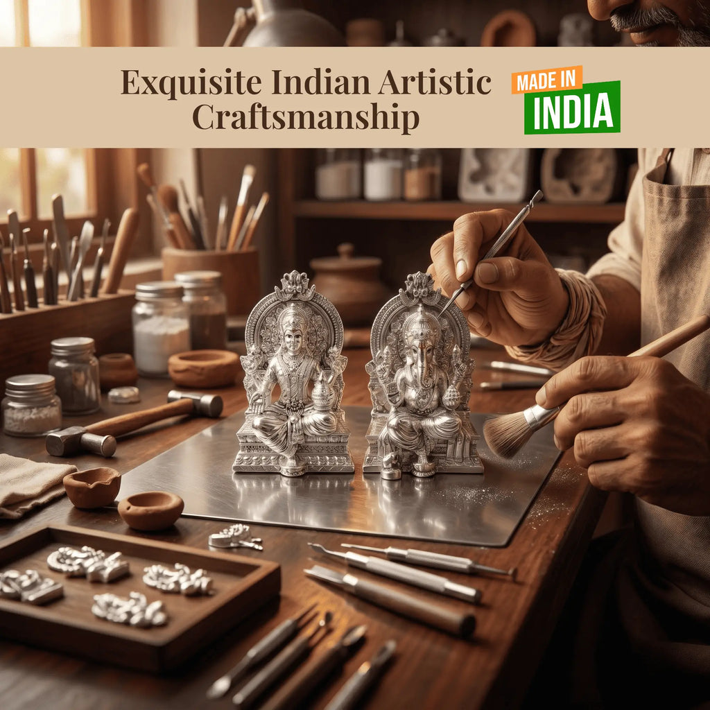 Artisan hand-finishing the silver-plated Lakshmi Ganesh idol set, made in India