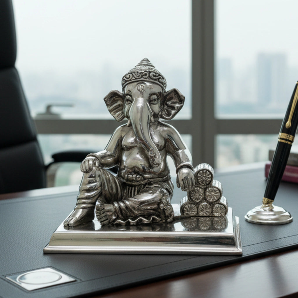 Ganesha Idol Silver Plated sitting with cushion