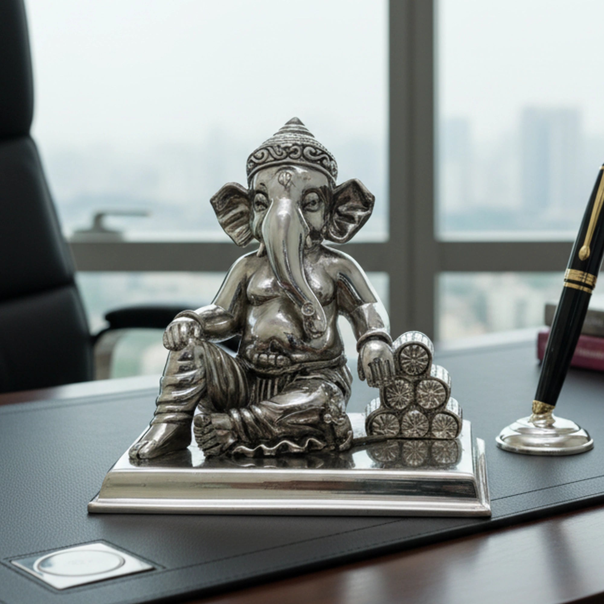 Ganesha Idol Silver Plated sitting with cushion Main image