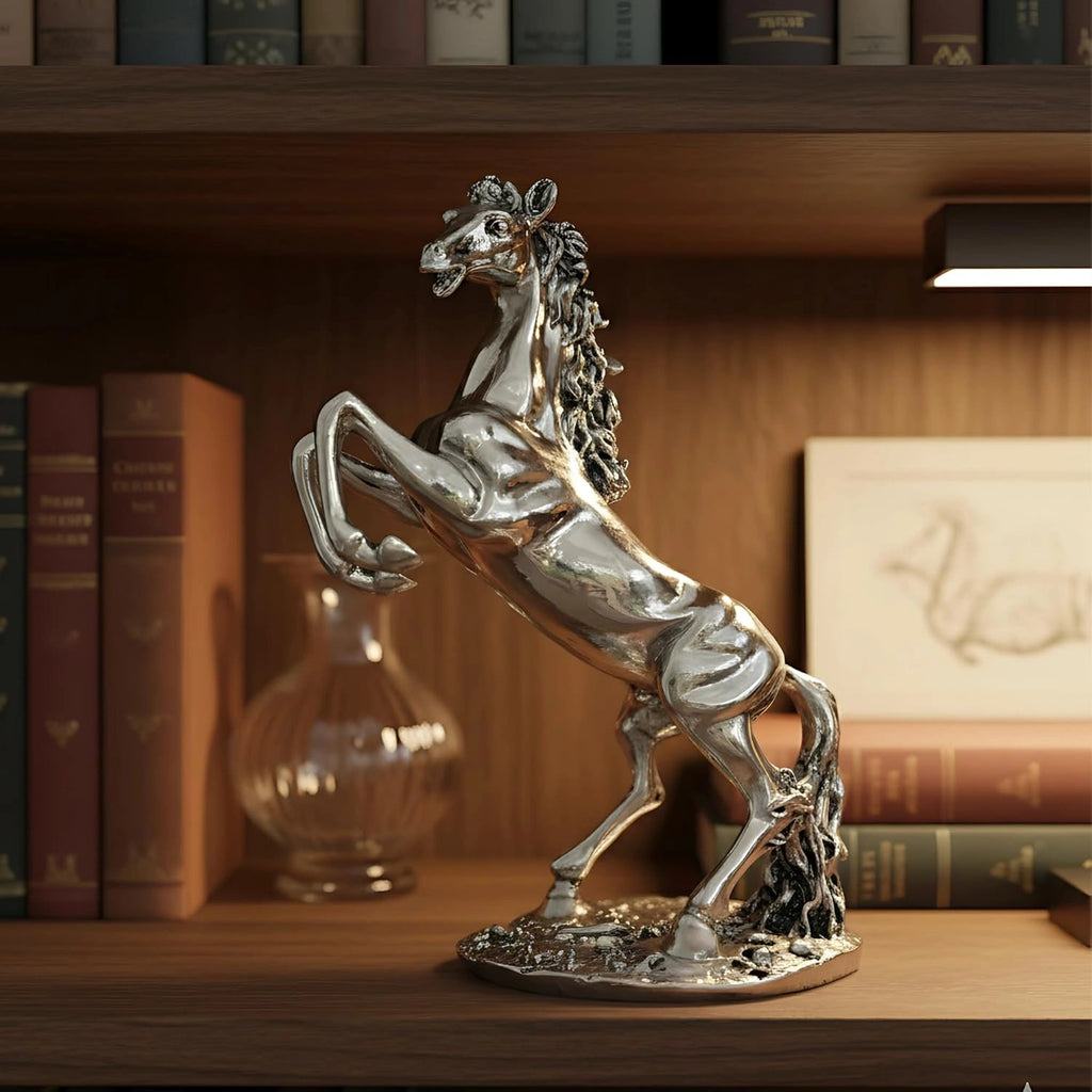 Shiny silver horse figurine rearing on wooden bookshelf with books and glass vase background