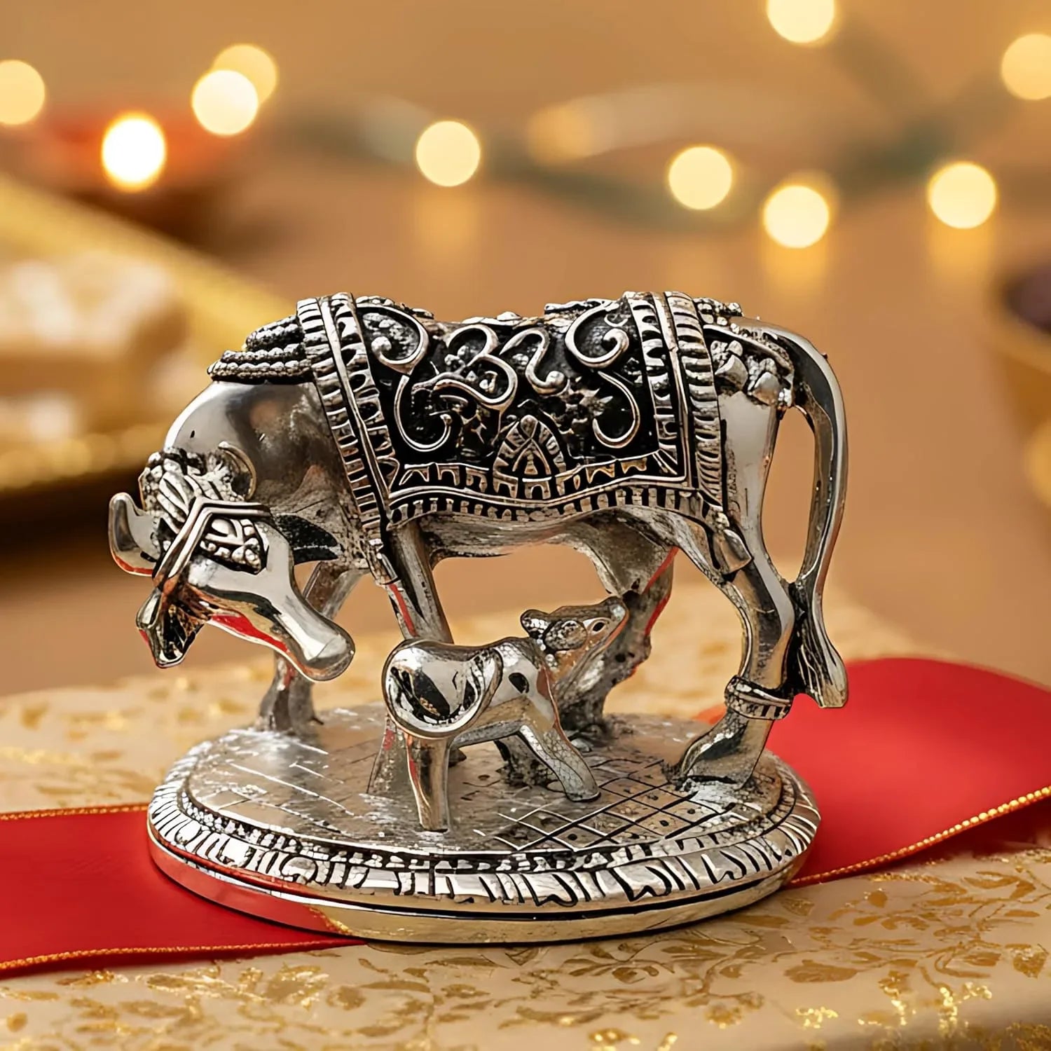 Kamdhenu Cow with Calf Silver-Plated Idol | Small (2") Secondary image