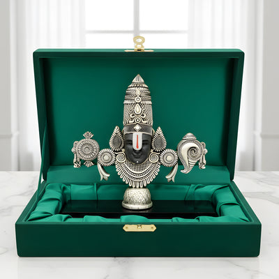 Lord Venkateswara Balaji silver-plated idol with shankh and chakra in green velvet gift box