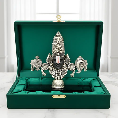 Lord Venkateswara Balaji silver-plated idol with shankh and chakra in green velvet gift box