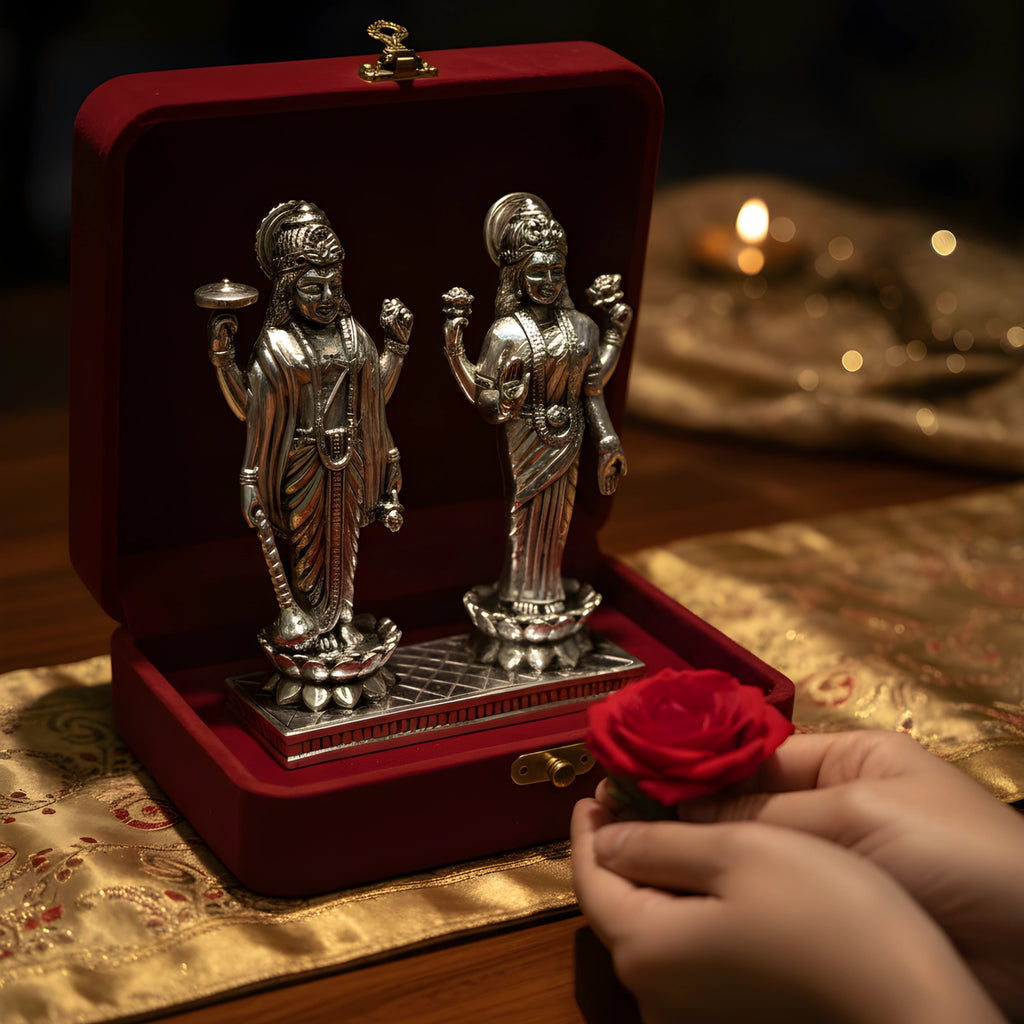 Lord Vishnu & Goddess Lakshmi Idol 999 Silver-Plated Set