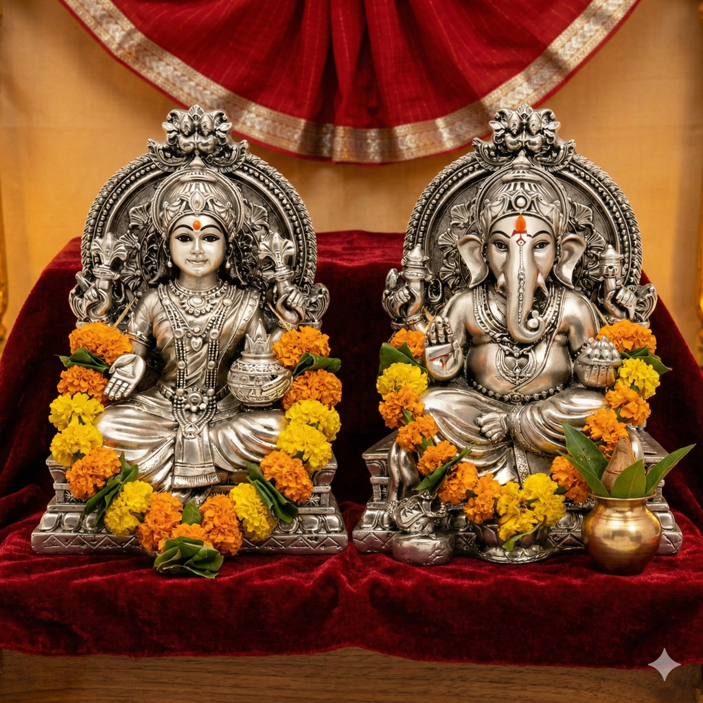 Lakshmi Ganesh Silver-Plated Idol Set | Standard (3.7")