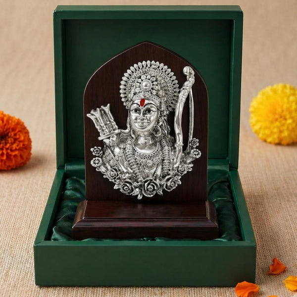 Premium silver plated Shri Ram face idol on wooden arch in green velvet gift box
