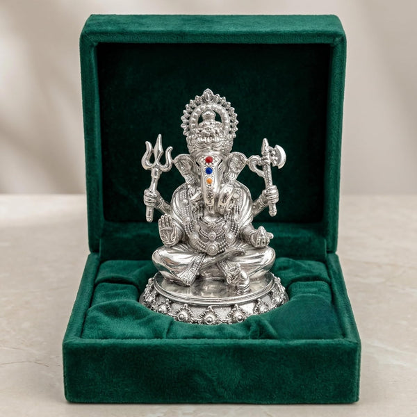 Trishul Ganesh silver plated idol with crystal accents in green velvet gift box
