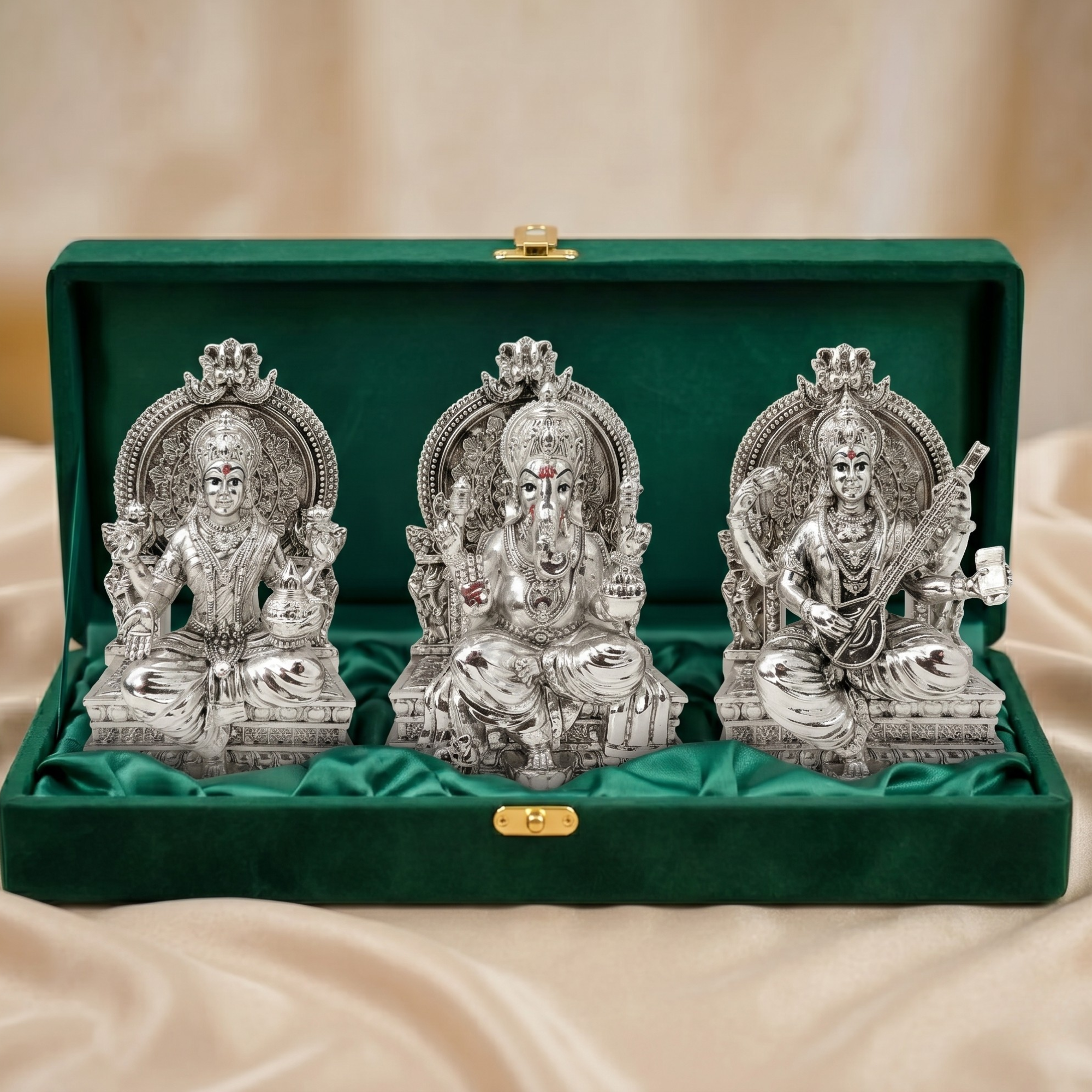 Lakshmi Ganesh Saraswati Silver-Plated Idol Set (3.7") Main image