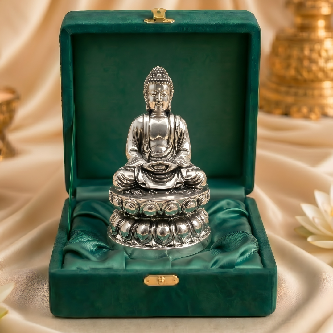 Meditating Buddha silver-plated idol on lotus base in green velvet gift box Main image