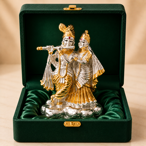 Radha Krishna silver-plated idol with gold accents in a green velvet gift box