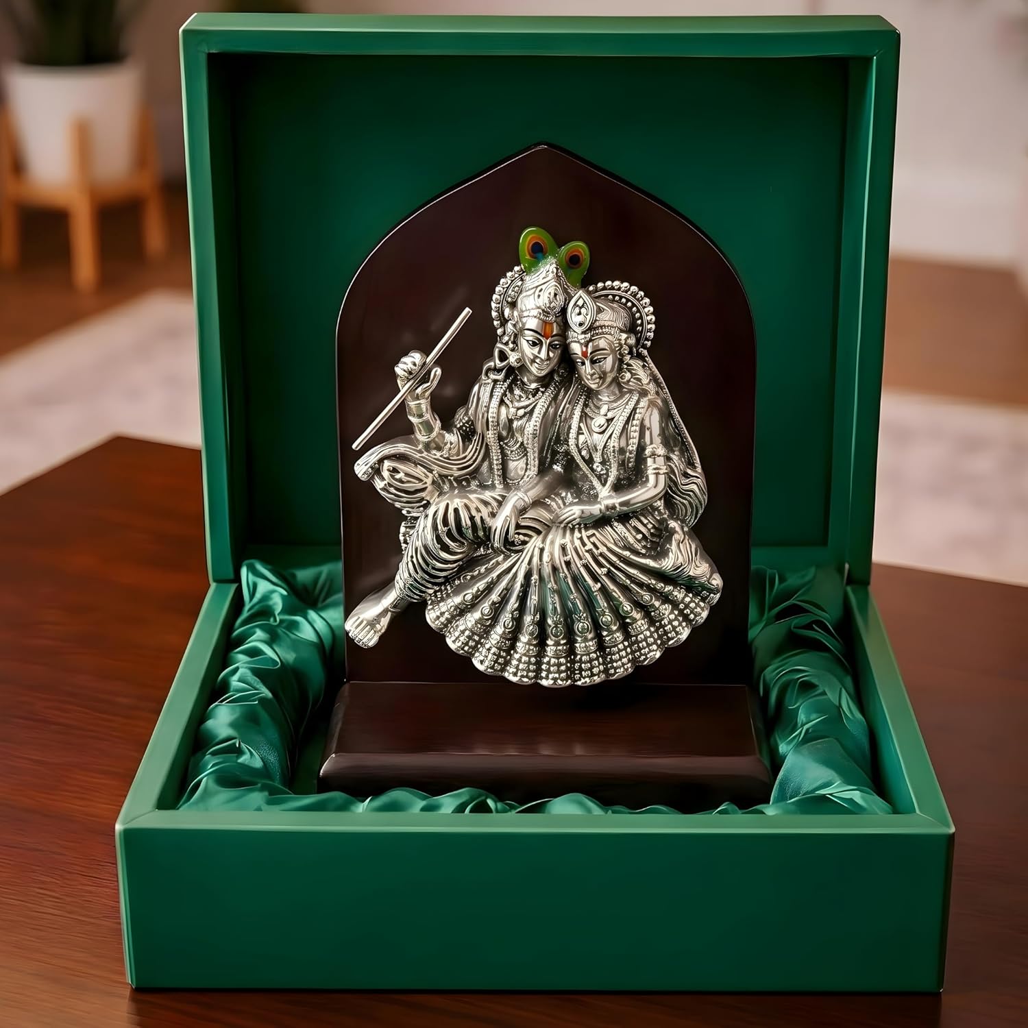 Silver Plated Radha Krishna Idol with Wooden Base – 6 Inch Main image