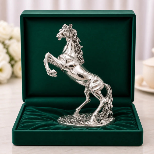 Standing horse silver-plated statue rearing inside a green velvet gift box