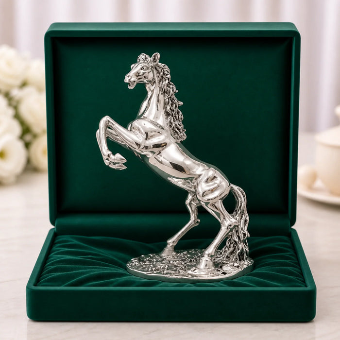 Standing horse silver-plated statue rearing inside a green velvet gift box