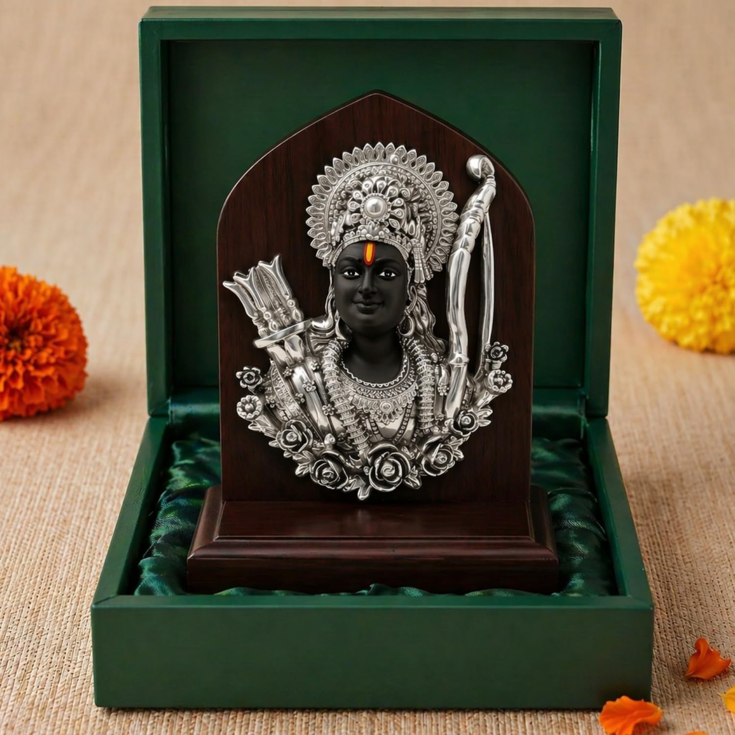 Silver Plated Shri Ram Face Idol with Wooden Base – 6 Inch Main image