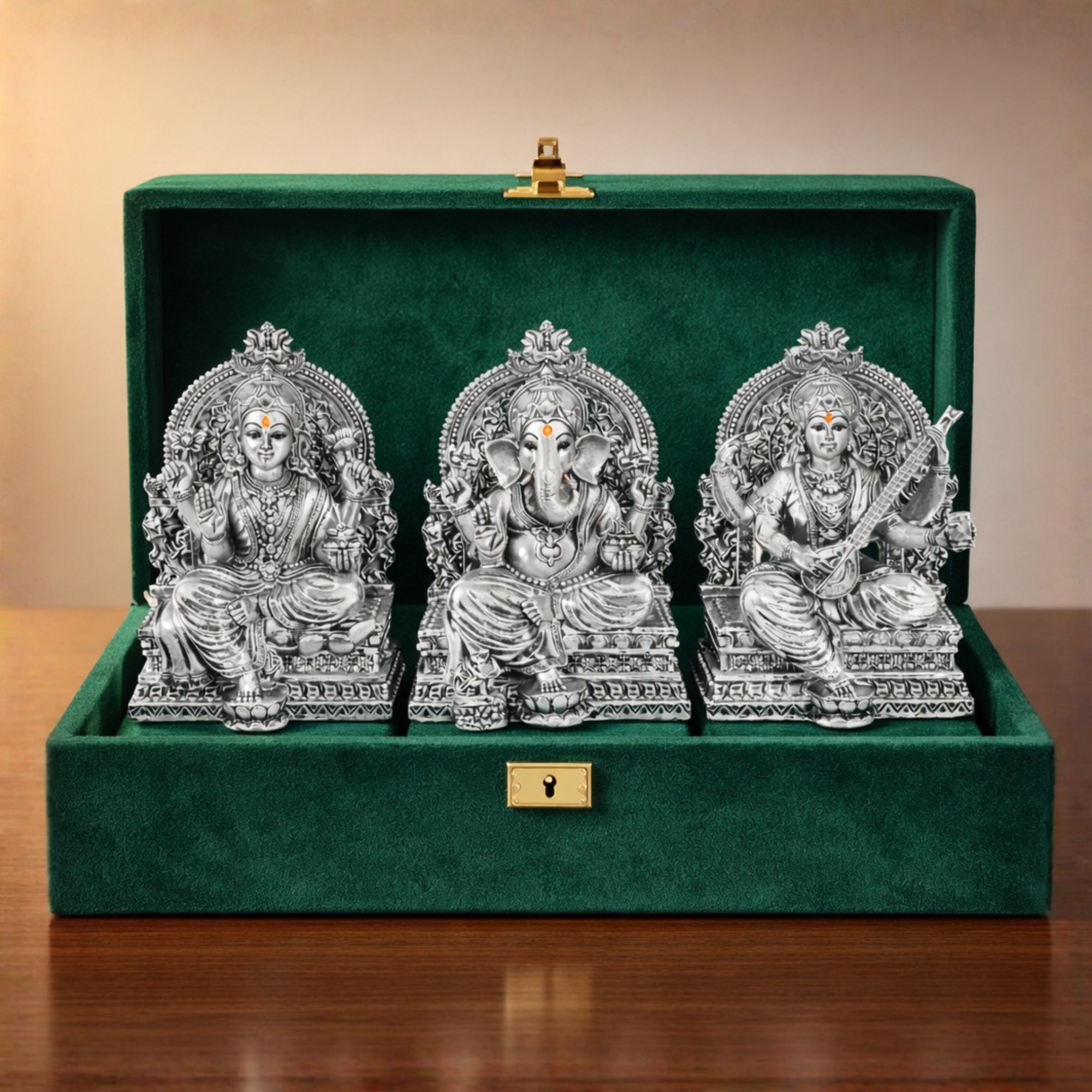 Lakshmi Ganesh Saraswati Silver-Plated Idol Set | Standard (3.7")