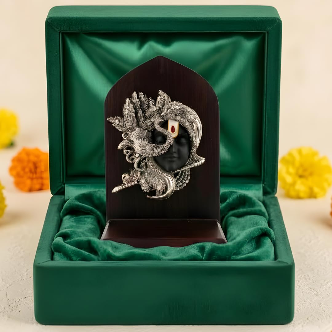 Silver Plated Shringar Krishna Face Idol with Wooden Base – 6 Inch Main image