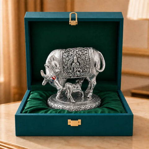 Silver-plated Kamdhenu cow with calf idol, 2.5 inch, seated on satin inside an open teal velvet gift box #2-5-inch
