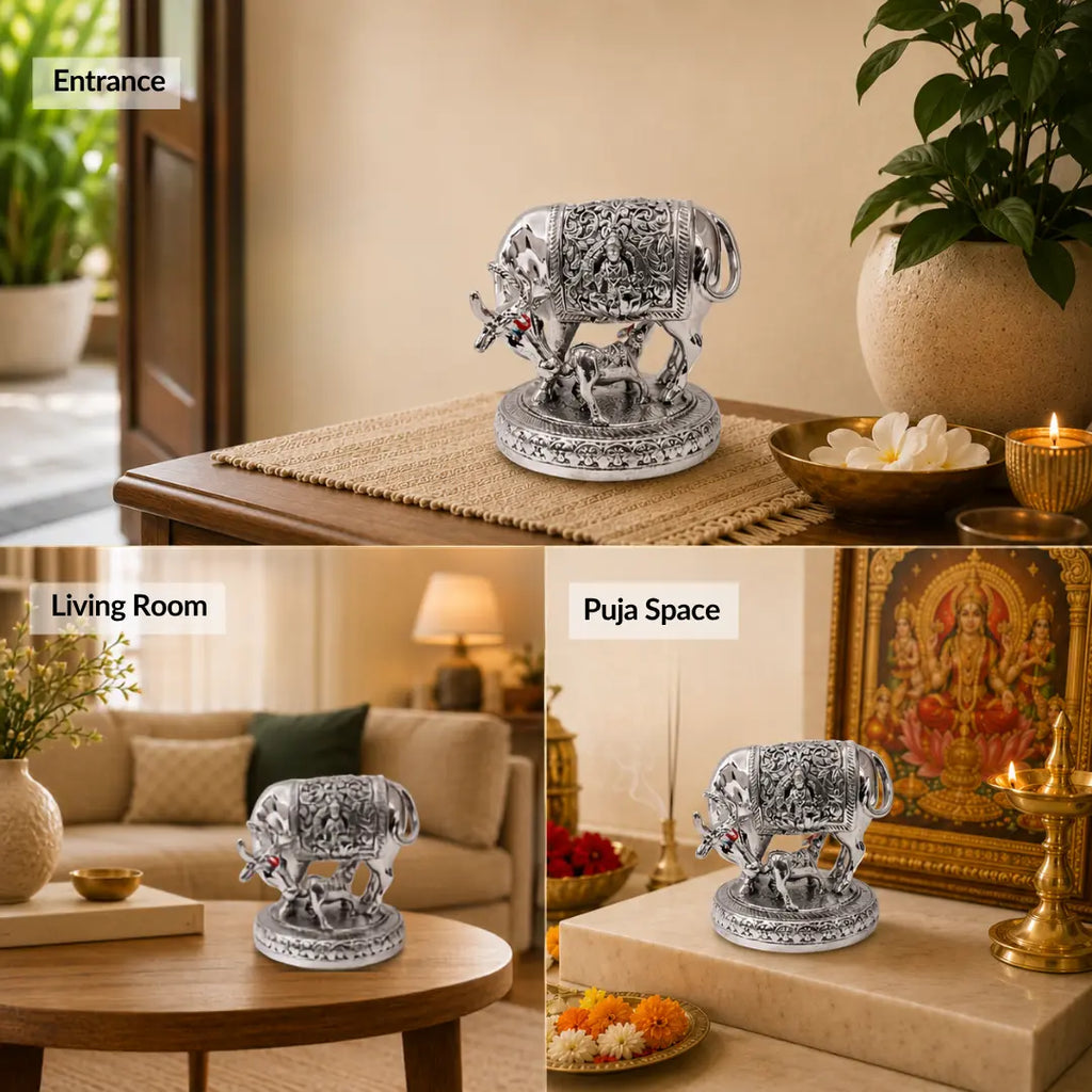 The 2.5 inch silver Kamdhenu cow idol styled in an office desk, living room and home puja space #2-5-inch