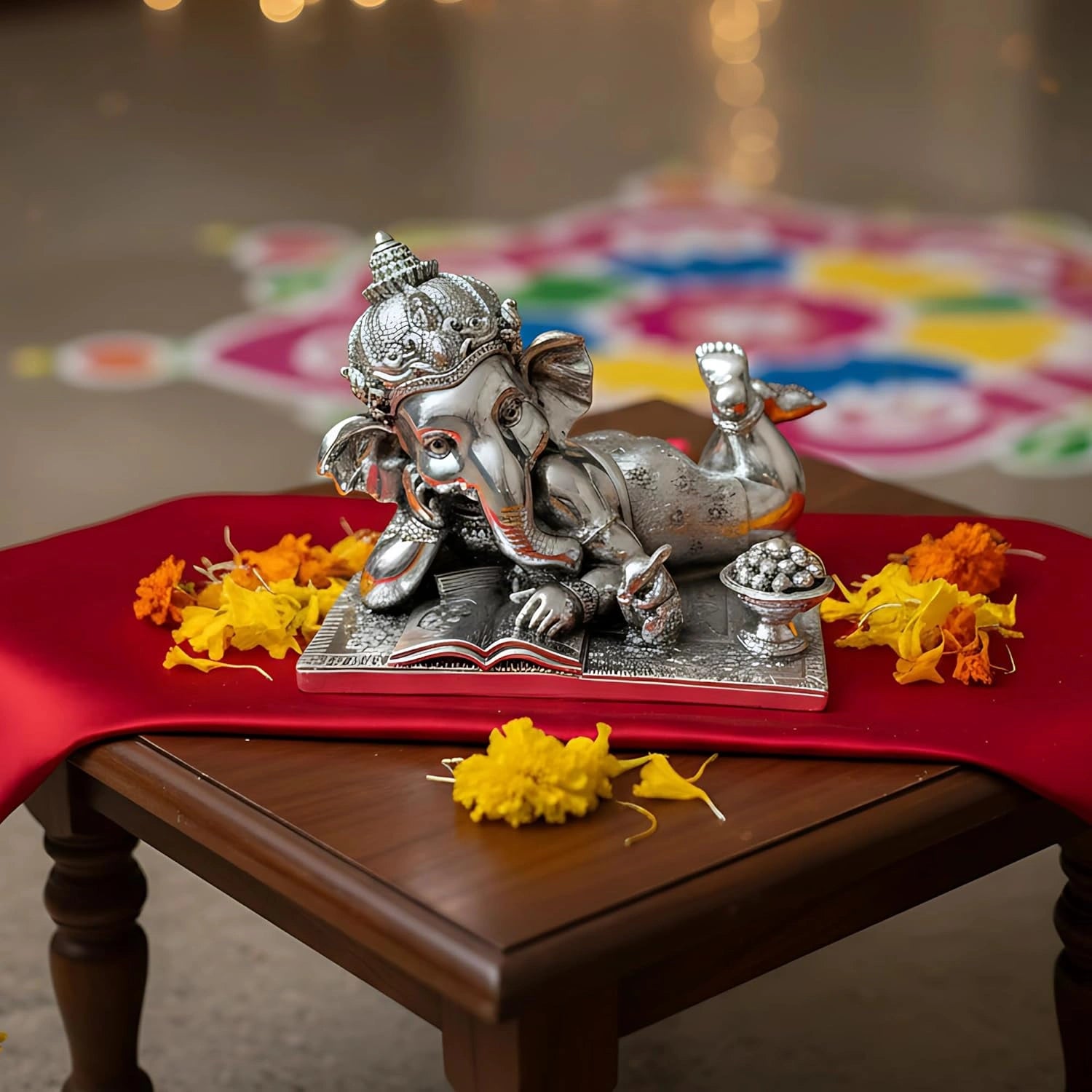 Silver Lord Ganesha idol reclining on a book with bowl of sweets on wooden table with yellow marigold flowers