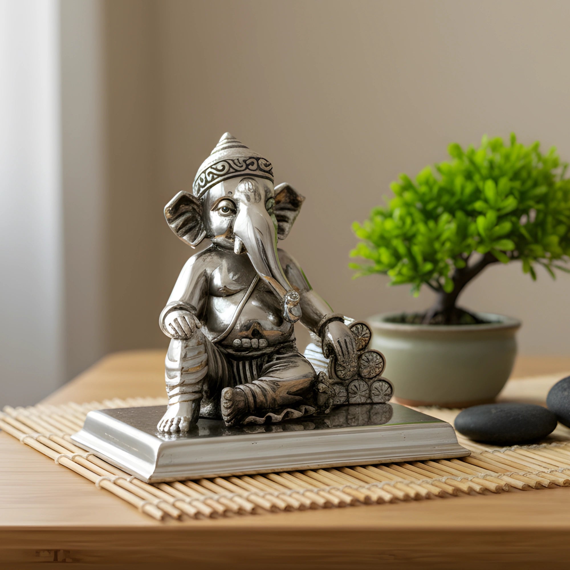 Ganesha Idol Silver Plated sitting with cushion